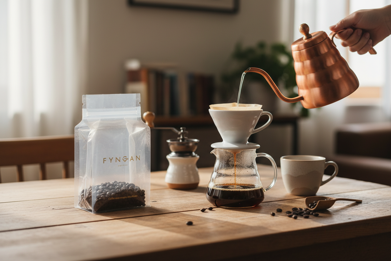 Fyngan coffee bag with V60 brewing setup on home table